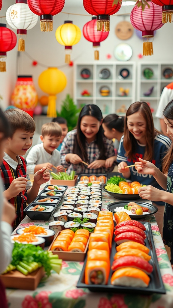 A lively sushi-themed birthday party table with colorful sushi, decorations, and happy guests.